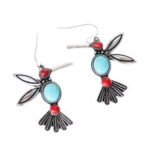 Western Aztec Bird Dangle Earrings Turquoise & Red Howlite Stone NEW